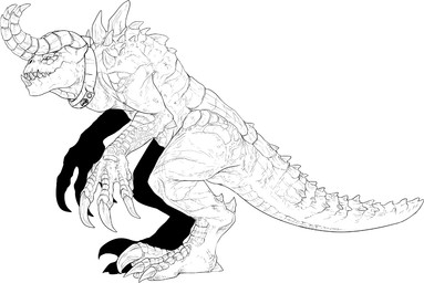 ambiguous_gender back_spikes claws collar horn ridged_horn scales shadow sharp_teeth side_view simple_background solo spiked_tail spikes spikes_(anatomy) standing tail tail_ridge teeth swampjaws fallout microsoft deathclaw scalie black_and_white monochrome