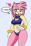 accessory anthro bikini blush breasts cleavage cleavage_cutout clothed clothing curvy_figure cutout dialogue female flirting gloves hand_on_hip handwear headband heart_keyhole_bikini heart_symbol keyhole_bikini midriff navel solo swimwear text two-piece_swimsuit darkwolfhybrid sega sonic_the_hedgehog_(series) amy_rose eulipotyphlan hedgehog mammal english_text hi_res