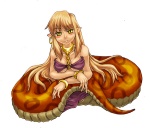 apode blonde_hair clothed clothing female hair jewelry legless looking_at_viewer orange_body serpentine simple_background solo split_form white_background yellow_eyes kenkou_cross draconcopode humanoid lamia reptile scalie snake