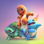 ambiguous_gender blue_eyes claws fire grass group open_mouth open_smile plant red_eyes shell smile starter_trio tongue trio yoshiyaki nintendo pokemon bulbasaur charmander elemental_creature flora_fauna generation_1_pokemon pokemon_(species) squirtle 1:1 2015 signature