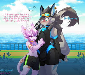 anthro armwear big_bulge blush bodily_fluids bracelet bulge clothing collar detailed_bulge duo ear_piercing elbow_gloves erection eyewear eyewear_on_head genital_outline gloves goggles goggles_on_head handwear heart_pendant heterochromia huge_bulge jewelry male male/male one-piece_swimsuit penis_outline piercing surprised sweat sweatdrop swimming_trunks swimwear text warden006 xecho7x microsoft ori_(series) xbox_game_studios novu_(warden006) guardian_spirit novabeast