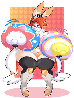 anthro areola big_breasts blush bodypaint boots breasts cape clothed clothing easter_breasts female footwear hair heart_pupils high_heeled_boots high_heels holidays huge_breasts hyper hyper_breasts legwear looking_at_viewer nipples open_mouth orange_eyes orange_hair painted_breasts shoes solo tan_body thigh_highs topless ekkokenight easter clare_(themushlord) lagomorph leporid mammal rabbit absurd_res hi_res