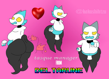 4_fingers angry anthro belly big_breasts big_butt blue_belly blue_ears breasts butt butt_slap female fingers gesture grey_butt grey_legs hand_gesture heart_symbol looking_at_viewer looking_back machine monotone_background pointing pointing_at_viewer slap solo text thick_thighs white_body wide_hips yellow_eyes kaku_shihtzu deltarune undertale_(series) tasque_manager darkner domestic_cat felid feline felis mammal robot english_text hi_res