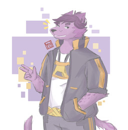 ambiguous_gender anthro belt cheek_tuft clothing eyebrows facial_tuft finger_gun fur gesture hair hand_gesture hand_in_pocket jacket long_tail looking_aside male markings pockets pointy_ears purple_body purple_fur purple_hair shirt smile snout solo spots spotted_markings tail thick_eyebrows topwear tuft whisker_spots w0lfi unnamed_character canid canine canis mammal wolf absurd_res hi_res portrait three-quarter_portrait