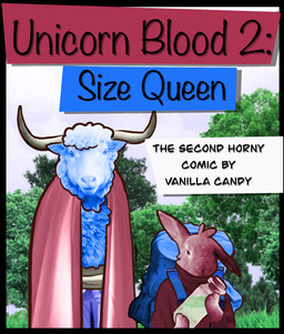 anthro backpack cloak clothing duo female fur holding_object horn male real stock_image text wool_(fur) vanilla_candy unicorn_blood_(comic) saffron_(unicorn_blood) tulip_(unicorn_blood) bovid caprine lagomorph mammal sheep collage_(artwork) cover cover_art cover_page english_text hi_res