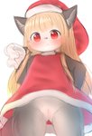 anthro blonde_hair blush clothed clothing female fur genitals grey_body grey_fur hair loli no_underwear pussy red_eyes simple_background solo standing upskirt white_background young young_anthro niwani_watori futaba_channel akuma_gaoru canid canine canis mammal wolf 2020 hi_res