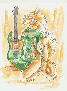 anthro asian_clothing blonde_hair bracelet breasts chinese clothing dress ear_piercing electric_guitar female guitar hair horn jewelry musical_instrument non-mammal_breasts piercing plucked_string_instrument solo string_instrument tail yellow_eyes heather_bruton mythology yang-li dragon mythological_creature mythological_scalie scalie