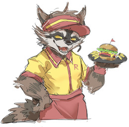 black_nose burger clothed clothed_male clothing food fries holding_object holding_plate male open_mouth orange_eyes plate semi-anthro solo yellow_sclera sisijimakarashi guardians_of_the_galaxy marvel rocket_raccoon mammal procyonid raccoon 2026 absurd_res colored hi_res