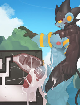 after_sex anthro balls big_penis black_body black_fur blue_body blue_eyes blush bodily_fluids body_worship cum cum_inside destruction excessive_cum excessive_genital_fluids facility flooding fur genital_fluids genitals glans grin half-erect huge_penis humanoid_genitalia humanoid_penis hyper hyper_genitalia hyper_penis internal machine macro male milking_machine muscular muscular_anthro muscular_male nipples pecs penetrable_sex_toy penile penis penis_milking sex_toy smile solo thick_penis yellow_eyes namutree nintendo pokemon felid generation_4_pokemon luxray mammal pokemon_(species) absurd_res hi_res