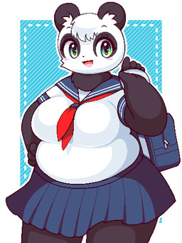 anthro backpack big_breasts black_body black_fur blue_background blush border bottomwear breasts clothed clothing female fully_clothed fur green_eyes head_tuft holding_object inner_ear_fluff kemono multicolored_body multicolored_fur necktie school_bag school_uniform simple_background skirt slightly_chubby solo topwear tuft uniform white_body white_border white_fur takiune_(pixiv) bear giant_panda mammal 2020 3:4 aliasing digital_media_(artwork) low_res portrait three-quarter_portrait