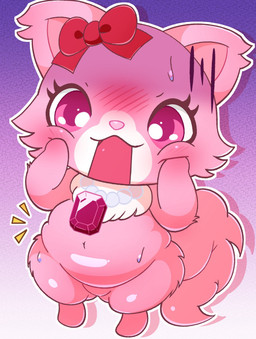 accessory anthro belly big_belly blush bodily_fluids bow_ribbon chest_tuft chibi ear_tuft facial_markings female fluffy fluffy_tail fur gloom_lines gradient_background hair_accessory hairclip head_markings jewelry markings muzzle_(marking) navel necklace open_mouth pink_body pink_eyes pink_fur ribbons shortstack shortstack_female simple_background slightly_chubby solo sweat tail thick_thighs tuft white_markings yoyoinoyoshi jewelpet sanrio sega sega_fave garnet_(jewelpet) domestic_cat felid feline felis mammal persian_cat 2026 digital_media_(artwork) hi_res