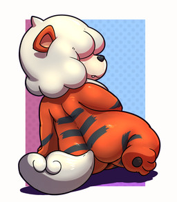 ambiguous_gender anthro anthrofied border butt fangs fur hair hair_over_eyes looking_back orange_body orange_fur pattern_background pokemorph rear_view simple_background solo teeth white_border lkiws nintendo pokemon pokemon_legends_arceus canid canine generation_8_pokemon hisuian_form hisuian_growlithe mammal pokemon_(species) regional_form_(pokemon) hi_res shaded
