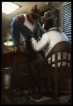 anthro black_border border bottomless chair cigarette clothed clothing desk duo eyewear feet furniture glasses humanoid_face humanoid_feet low-angle_view male male/male necktie office plantigrade sitting smoke smoking suit table undressing alpha0 dasaod blacksad chief_smirnov john_blacksad canid canine canis domestic_cat domestic_dog felid feline felis german_shepherd herding_dog mammal pastoral_dog artist_collaboration