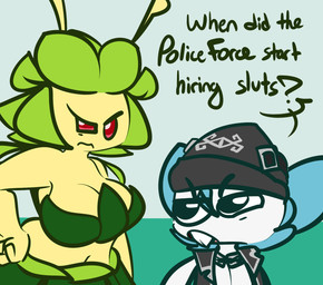 annoyed antennae_(anatomy) anthro beanie black_clothing black_eyes black_hat black_headwear black_topwear black_vest blue_body blue_fur bottomwear breasts buckteeth chain cleavage clothed clothing dialogue duo female frown fur green_background green_bottomwear green_clothing green_hair green_topwear hair half-closed_eyes hand_on_hip hat headgear headwear larger_female leaf_clothing looking_down looking_up male narrowed_eyes open_mouth pattern_background profanity red_eyes simple_background size_difference smaller_male striped_background teeth text topwear vest white_body white_fur yellow_body thefablednekos nintendo pokemon johnny_(thefablednekos) zariah_(thefablednekos) arthropod generation_4_pokemon generation_5_pokemon insect leavanny mammal pachirisu pokemon_(species) rodent 2020 digital_media_(artwork) english_text hi_res