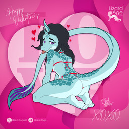 2_horns anthro big_butt bikini biped black_hair blue_eyes breasts butt clothed clothing countershade_face countershade_scales countershade_tail countershade_torso countershading eyebrows female grey_body grey_scales hair heart_symbol holidays horn kneeling long_hair long_tail looking_at_viewer looking_back looking_back_at_viewer multicolored_body multicolored_scales non-mammal_breasts plantigrade rear_view red_bikini red_clothing red_swimwear scales small_breasts solo swimwear tail thick_thighs tongue tongue_out two-piece_swimsuit two_tone_body two_tone_scales white_body white_countershading white_scales lizardage mythology valentine's_day dragon eastern_dragon mythological_creature mythological_scalie scalie 1:1 2026 absurd_res hi_res