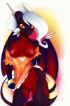 anthro breasts clothed clothing female genitals hair horn looking_at_viewer membrane_(anatomy) membranous_wings non-mammal_breasts orange_eyes partially_clothed pussy smile solo tail white_hair wings castiell kohtek mythology mina_(minerea) dragon mythological_creature mythological_scalie scalie 2014