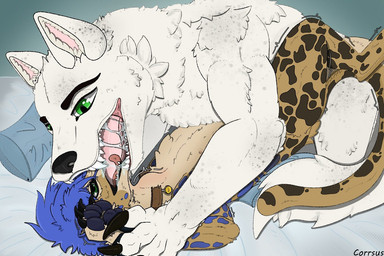 anthro anthro_on_feral arm_grab bed bed_sheet bedding bestiality blue_hair blue_spots bodily_fluids claws deep_kiss duo extreme_french_kiss female feral french_kissing fur furniture green_eyes hair kissing male male/female multi_nipple neck_bulge nipples pawpads pillow pinned saliva snapped_choker spots teeth white_body white_fur yellow_body yellow_fur rubin_owl mythology bluebonnet canid canine cheetah felid feline mammal mythological_canine mythological_creature werecanid werecanine werecreature werewolf