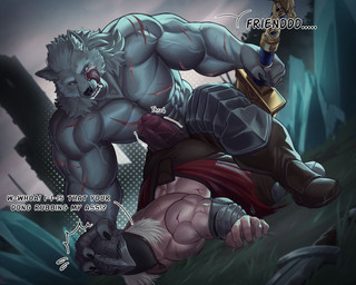 abs anthro armor barazoku biceps big_penis blood bodily_fluids bottomwear clothed clothing duo erection from_behind_position fur genitals grey_body humanoid_genitalia humanoid_penis male male/male melee_weapon muscular muscular_anthro muscular_male open_bottomwear open_clothing open_pants pants pecs penis scar sex sword teeth text tongue tongue_out vein veiny_penis weapon cancerdoge elden_ring fromsoftware blaidd_(elden_ring) tarnished_(elden_ring) canid canine canis human mammal wolf 5:4 english_text