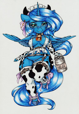 animal_print anthro anthrofied armwear bent_arm bent_leg blue_eyes blue_hair bow_(feature) breasts chibi cleavage clothed clothing collar container cow_print cow_print_lingerie cowbell curvy_figure ear_piercing elbow_gloves extended_arm female fingerless_gloves flying garter_belt garter_straps gloves hair handwear holding_container holding_object hooves horn legwear looking_at_viewer milk_can milk_container nipple_outline on_one_leg one_calf_up piercing raised_calf raised_foot slightly_chubby solo sparkles standing stockings straight_leg thick_thighs voluptuous wide_hips wings longinius friendship_is_magic hasbro my_little_pony mythology princess_luna_(mlp) equid equine mammal mythological_creature mythological_equine winged_unicorn absurd_res blue_theme hi_res traditional_media_(artwork)