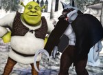 2023 anthro canid canine canis clothing death_(puss_in_boots) dreamworks duo fur green_body grey_body grey_fur hi_res holding_object holding_sickle holding_weapon humanoid looking_at_viewer male malicekira mammal ogre puss_in_boots_(dreamworks) red_eyes shrek_(character) shrek_(series) sickle smile teeth tongue tongue_out weapon wolf
