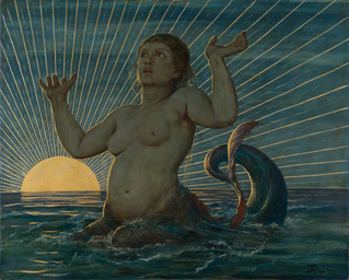 5_fingers areola belly breasts brown_eyes brown_hair eyebrows female female_taur fin fingers hair light lips long_hair medium_breasts navel nipples nude nude_female nude_taur open_mouth outside partially_submerged pink_lips pink_tongue pupils raised_arms red_body red_fin red_scales scales sea sky solo sun sunrise swimming tail tail_fin teal_body teal_scales teeth tempera_(artwork) tongue water hans_thoma european_mythology greek_mythology mythology public_domain aquatic aquatic_taur equid ichthyocentaur mammal taur 1893 19th_century ancient_art dated formal_art hi_res lighting painting_(artwork) shaded signature traditional_media_(artwork) traditional_painting_(artwork)