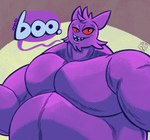 belly big_belly big_pecs facial_tuft male muscular muscular_male pecs pointy_ears pupils purple_body red_eyes sharp_teeth shirtless simple_background slit_pupils solo speech_bubble teeth tuft jasperthecrab nintendo pokemon generation_1_pokemon gengar ghost pokemon_(species) spirit hi_res