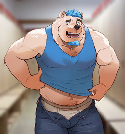 anthro arm_tuft belly belly_hair belly_tuft bench biceps blue_clothing blue_hair blue_shirt blue_tank_top blue_topwear body_hair bottomwear briefs bulge chest_hair chest_tuft clothed clothing deltoids denim denim_bottomwear denim_clothing ear_tuft elbow_tuft embarrassed facial_hair goatee green_eyes hair inside jeans locker locker_room looking_at_viewer male manly muscular navel open_bottomwear open_clothing open_mouth open_pants pants pecs removing_shirt shirt shoulder_tuft slightly_chubby solo tank_top topwear triceps tuft underwear undressing white_hair naikuma bear mammal polar_bear ursine 2023 absurd_res hi_res