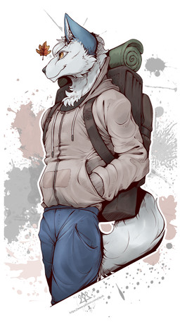 anthro autumn backpack clothed clothing fur hair leaf male outside simple_background smile solo tail white_body kredri canid canine canis mammal wolf hi_res