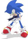 anthro blood blue_body blue_fur bodily_fluids claws clothing disembodied_hand drooling duo footwear fur gloves green_eyes gutted handwear killing male open_mouth pain saliva shoes simple_background stab standing sweat tears violence white_background wounded den255 sega sonic_the_hedgehog_(series) sonic_the_hedgehog eulipotyphlan hedgehog mammal hi_res