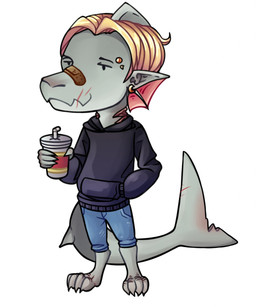 anthro band-aid band-aid_on_face band-aid_on_nose bandage bandage_on_face bandage_on_nose beady_eyes beverage black_clothing black_hoodie black_topwear blonde_hair blue_bottomwear blue_clothing blue_pants bottomwear chibi clothing digitigrade drinking_straw ear_piercing ear_ring eyebrow_piercing facial_piercing facial_scar fin gills grey_body hair hand_in_pocket head_fin holding_beverage holding_object hoodie humanoid_pointy_ears male pants piercing pockets pointy_ears ring_piercing scar short_hair solo tail tail_scar topwear kiri-anko aquatic fish shark colored hi_res shaded soft_shading