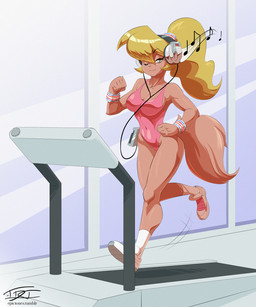 anthro athletic_wear biped blonde_hair breasts cleavage clothed clothing electronics exercise exercise_clothing eyelashes female fitness fluffy fluffy_tail footwear green_eyes gym hair headphones jogging legwear leotard long_hair looking_at_viewer medium_breasts navel one_eye_closed ponytail running shoes socks solo tail text treadmill workout_clothing wristband hardtones hanna-barbera swat_kats callie_briggs domestic_cat felid feline felis mammal 2017 5:6 digital_media_(artwork) hi_res signature url