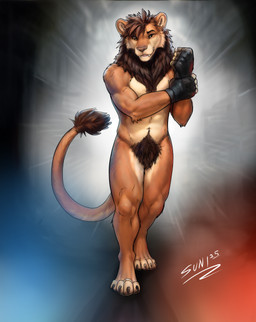 anthro black_leather brown_body brown_claws brown_fur brown_tail_tip claws clothing dipstick_tail fighters fingerless_gloves fur gloves hand_on_wrist handwear looking_at_viewer male markings orange_body orange_fur pubes solo spotlight_beam tail tail_markings tan_body tan_fur walking_towards_viewer yellow_eyes sunitai felid lion mammal pantherine absurd_res hi_res