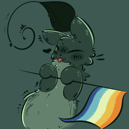 ambiguous_gender aroace_pride_colors blep cheek_tuft cute_fangs facial_tuft fangs feral flag flag_(object) fur green_body green_fur heart_symbol holding_flag holding_object leaf leaf_on_head lgbt_pride multicolored_body multicolored_fur neck_tuft pride_color_flag pride_colors simple_background solo teeth tongue tongue_out tuft two_tone_body two_tone_fur namaport rain_world videocult neppy_(namaport) slugcat 1:1 absurd_res hi_res