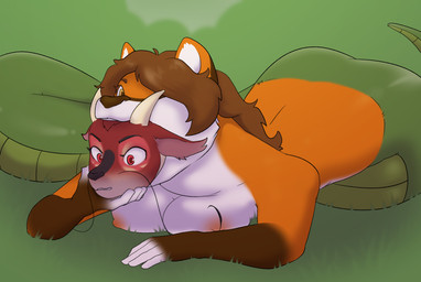 almost_fully_inside ambiguous_gender ambiguous_prey anthro apode breasts brown_hair countershading duo feet_first female fur grass green_body green_scales grey_body grey_countershading hair horn legless lying nipples on_front orange_body orange_fur outside plant red_body scales serpentine split_form vore white_body white_countershading squeaker mythology himelda julia_(werefox) canid canine draconcopode dragon fox lamia mammal mythological_creature mythological_scalie reptile scalie snake 2025 hi_res