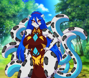 anthro big_breasts blue_hair breasts clothing dress female hair hand_on_hip looking_at_viewer multi_tail smile smiling_at_viewer solo tail mastergodai felid leopard mammal pantherine