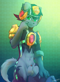 alternate_species animal_genitalia animal_penis anthro armor balls blue_body blue_fur canine_genitalia canine_penis clothed clothing floppy_ears folded_ears fully_sheathed fur furrification future futuristic genitals gloves green_background green_eyes handwear headgear helmet kneeling looking_at_viewer machine male midriff navel partially_clothed pattern_background pauldron penis sheath shy simple_background sitting skinsuit solo standing tail technology tight_clothing torn_clothing torn_skinsuit stampmats capcom mega_man_(series) mega_man_battle_network megaman.exe canid canine canis domestic_dog mammal robot portrait signature three-quarter_portrait