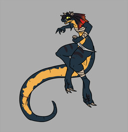 ambiguous_gender anthro bandage barefoot belly biped black_body black_scales claws dagger digitigrade feet front_view grey_background grey_claws holding_object holding_weapon horn long_tail looking_aside looking_at_viewer melee_weapon midair multicolored_body multicolored_scales nude open_mouth scales scroll simple_background solo tail thick_tail weapon yellow_belly yellow_body yellow_eyes yellow_scales alorix bethesda_game_studios microsoft skyrim the_elder_scrolls dovahkiin argonian lizard reptile scalie full-length_portrait portrait