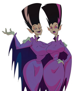 big_hair black_hair breasts clothed clothing duo eyeshadow female fully_clothed hair half-closed_eyes hand_on_hip hand_on_shoulder highlights_(coloring) humanoid_pointy_ears makeup medium_breasts narrowed_eyes not_furry pointy_ears purple_highlights raised_arm sharp_teeth simple_background small_waist smile standing teeth white_background white_highlights slb dr._zitbag's_transylvania_pet_shop bimbella sinista humanoid vampire absurd_res hi_res sibling_(lore) sister_(lore) sisters_(lore)