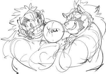 grin group hair hug long_hair male overweight overweight_male ponytail smile exe_exem lifewonders tokyo_afterschool_summoners anon goemon_(tas) canid canine human mammal raccoon_dog tanuki digital_drawing_(artwork) digital_media_(artwork) monochrome