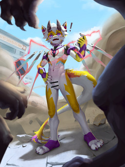 2_horns animal_genitalia anthro black_body bodily_fluids censor_bar clothing electricity fingerless_gloves front_view genital_slit genitals gloves group hair hand_on_hip handwear hero horn kemono male male/male multicolored_body navel open_mouth outside shota skinsuit standing sweat tail tight_clothing trio two_tone_body white_hair worried worried_look young jiubu11 mythology canid canine canis dragon mammal mythological_creature mythological_scalie scalie wolf 3:4 absurd_res censored hi_res