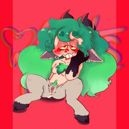 2_horns barbell_piercing big_hair blush bodily_fluids body_hair breasts chest_hair cum cum_drip cum_from_vagina cum_in_vagina cum_inside dripping ear_piercing ear_ring female fluffy fluffy_hair fur genital_fluids genitals green_hair grey_body grey_fur hair half-closed_eyes hand_on_cheek happy hooves horn humanoid_pointy_ears leaking_cum lidded_eyes looking_pleasured narrowed_eyes nipple_barbell nipple_piercing nipples piercing pointy_ears red_background ring_piercing simple_background sitting small_breasts smile solo split_form vaginal_fluids vulva teethguts lazarus_teethgutsoc humanoid satyr 1:1 2023 absurd_res hi_res