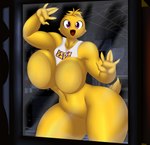 5_fingers against_surface anthro beakless behind_glass bib bib_only big_breasts breasts breasts_on_glass checkered checkered_wall featureless_breasts female fingers hand_on_glass hand_on_wall mostly_nude navel on_glass open_mouth purple_eyes short_tail solo tail thick_thighs wide_hips yellow_body kyelyn_(artist) five_nights_at_freddy's scottgames chica_(fnaf) avian bird chicken galliform gallus_(genus) phasianid 2021 absurd_res digital_drawing_(artwork) digital_media_(artwork) hi_res