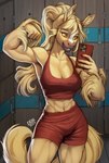 abs anthro bra breasts cellphone cleavage clothed clothing electronics female flexing flexing_bicep fur hair holding_object holding_phone medium_breasts muscular muscular_anthro muscular_female phone selfie smartphone solo sports_bra tail underwear cacuu scarlett_(elusivejackal) equid equine horse mammal hi_res