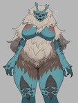 anthro areola big_breasts blue_body blush bodily_fluids breasts female female_anthro fur genitals horn nipples nude pussy simple_background solo baburusushi capcom monster_hunter goss_harag 3:4 hi_res