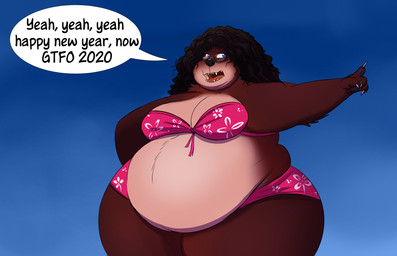 anthro belly big_belly bikini bikini_bottom bikini_top blush blush_lines breasts claws clothing dialogue eyewear fangs female fur gesture glasses hair hand_gesture holiday_message holidays looking_aside looking_away obese obese_anthro obese_female open_mouth overweight overweight_anthro overweight_female pointing profanity solo speech_bubble standing swimwear teeth text tongue two-piece_swimsuit shenzel new_year baldur_(shenzel) bear mammal 2021 english_text hi_res