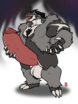 anthro ball_tuft balls big_penis body_hair chest_hair claws fluffy genitals hairy hand_on_penis huge_penis humanoid_genitalia hyper hyper_genitalia hyper_penis male open_mouth penis pink_eyes simple_background solo tongue tongue_out tuft shenaniwhagons nintendo pokemon generation_8_pokemon obstagoon pokemon_(species) 2019 3:4 hi_res signature