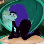 anthro bivalve_shell butt butt_focus clothing detailed_background eyelashes eyeshadow female hair looking_back makeup mollusk_shell pink_eyes purple_hair shell solo suggestive teeth underbite darknsfwindie cartoon_network courage_the_cowardly_dog black_puddle_queen 1:1 hi_res