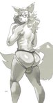 anthro backsack balls big_butt black_nose butt clothed clothing ear_piercing eyewear femboy furgonomics genitals glasses hair jockstrap long_hair looking_at_viewer male mostly_nude muscular muscular_femboy muscular_male piercing smile solo standing twunk underwear underwear_only erokaiga naz_(bonesman) canid canine canis mammal maned_wolf wolf greyscale hi_res monochrome