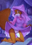 2017 anthro biped breasts canid canine clitoris clothed clothing clothing_lift digital_media_(artwork) disney dress dress_lift female flashing fox genitals imanika kneeling looking_at_viewer maid_marian mammal nipple_outline no_underwear pussy red_fox robin_hood_(disney) smile solo thigh_gap true_fox wide_hips