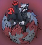 5_fingers anthro covering fingers fur gradient_background lidded_eyes looking_at_viewer male multi_tail red_eyes simple_background solo strategically_covered tail tongue tongue_out underpaw angiewolf ailurid mammal red_panda 2022